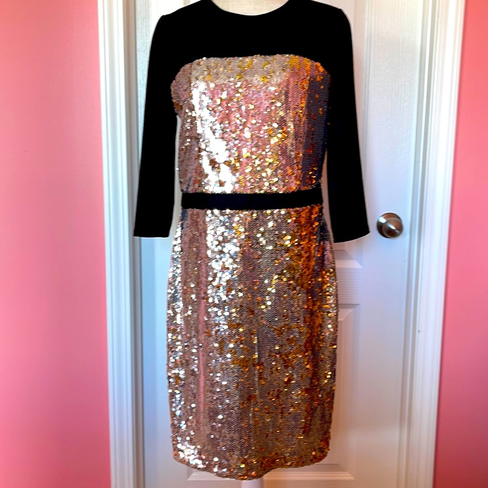 Brand new two tone gold/silver sequin work black dress in size 12 petite.